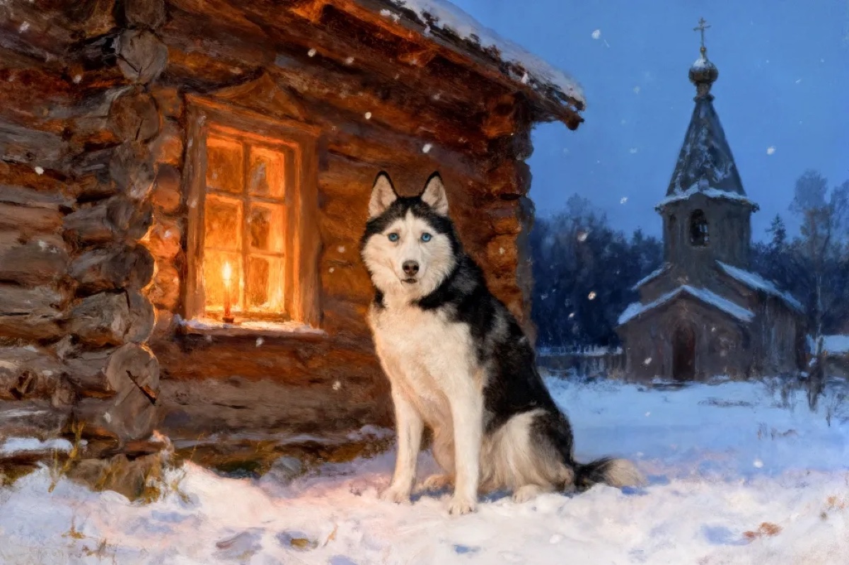 Art-tography dog portrait in an Old Masters-style winter cabin scene